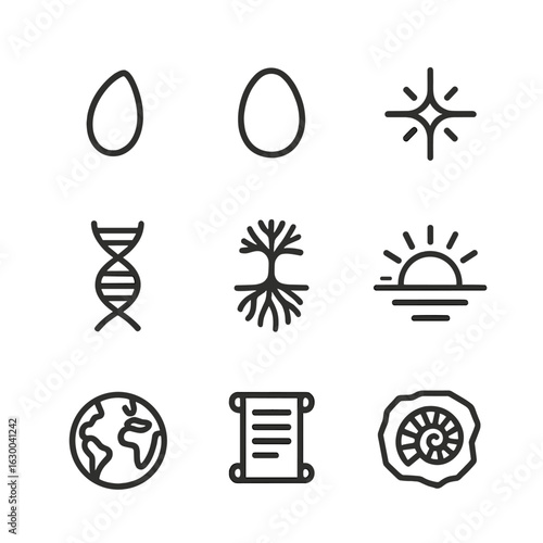 Origins Outline Icon Set. Outline icon set of origin concepts: seed, egg, spark, DNA helix, tree roots, sunrise, planet Earth,