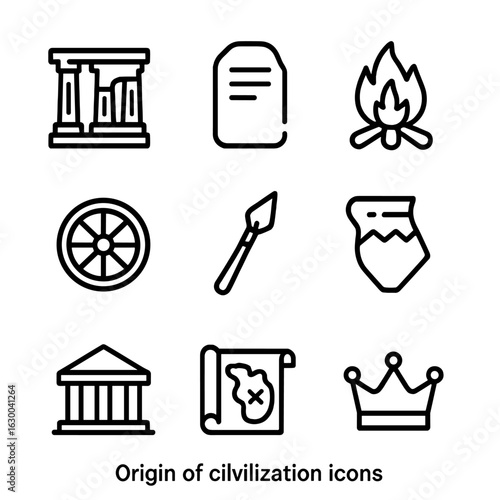 Origins Icon Collection. Outline icon set of human origin: family tree, footprints, handshake, ancient cave painting, lineage