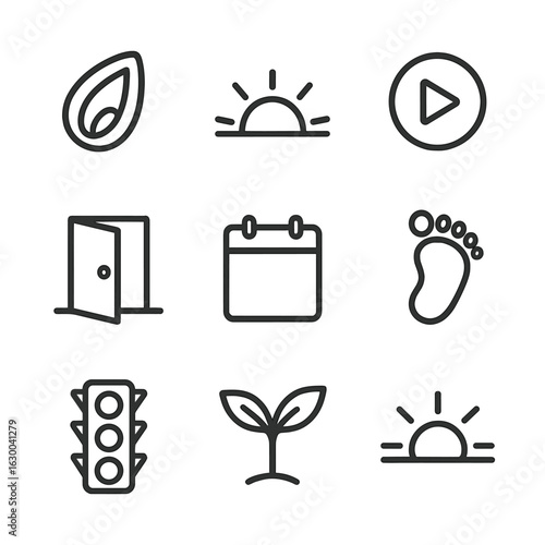 Origin Icon Set. Outline icon set of origin and start: seed pod, dawn horizon, play button, unlocked door, new calendar day, baby