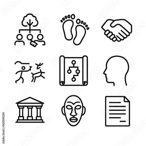 Origins Icon Collection. Outline icon set of human origin: family tree, footprints, handshake, ancient cave painting, lineage
