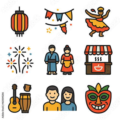 Festival Icons Collection. Solid, filled icons set of traditional festival enjoyment: colorful lanterns,