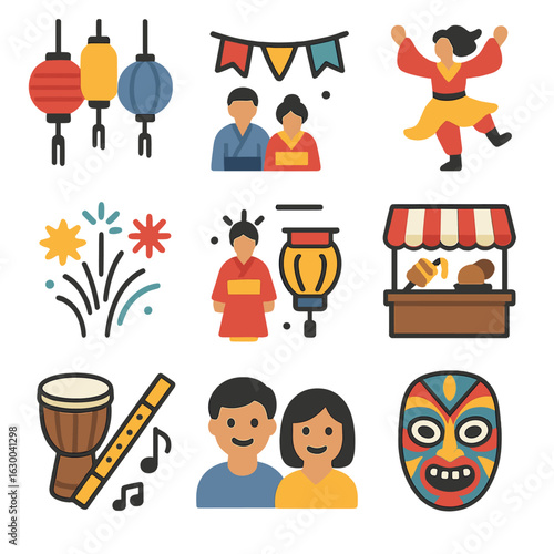 Festival Icons Collection. Solid, filled icons set of traditional festival enjoyment: colorful lanterns,