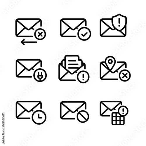 Email Error Icon Set. Outline icon set of email errors: bounce, failed delivery, spam detected, server offline, mailbox full,