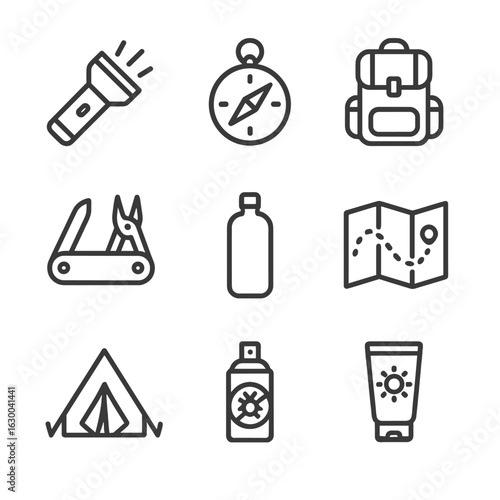 Outdoor Essentials Icons. Outline icon set of outdoor essentials: flashlight, compass, backpack, multitool, water bottle, map,