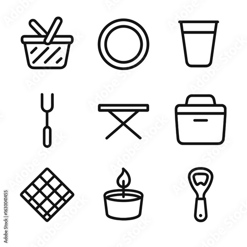 Outdoor Dining Icons. Outline icon set of outdoor dining setup: picnic basket, paper plate, plastic cup, grill fork, folding table