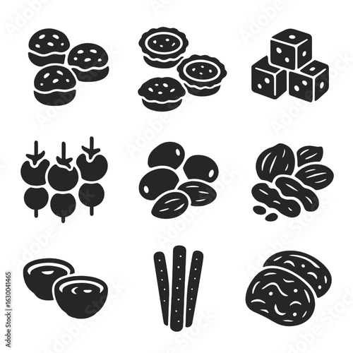 Festive Appetizers Icons. Solid, filled icons set of festive appetizers: stuffed mushrooms, mini quiches,