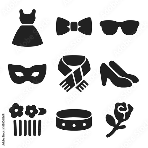 Festive Attire Icons. Solid, filled icons set of festive attire and accessories: party dress, bow tie,