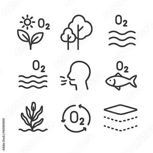 Oxygen Cycle Icons. Outline icon set of oxygen in nature: photosynthesis, trees, air, water, animals breathing, ocean oxygen,