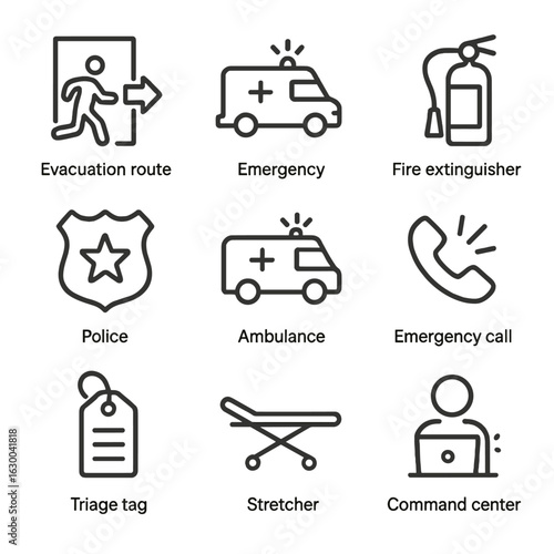 Emergency Icons Grid. Outline icon set of collapse emergency response: evacuation route, emergency vehicle, fire extinguisher,
