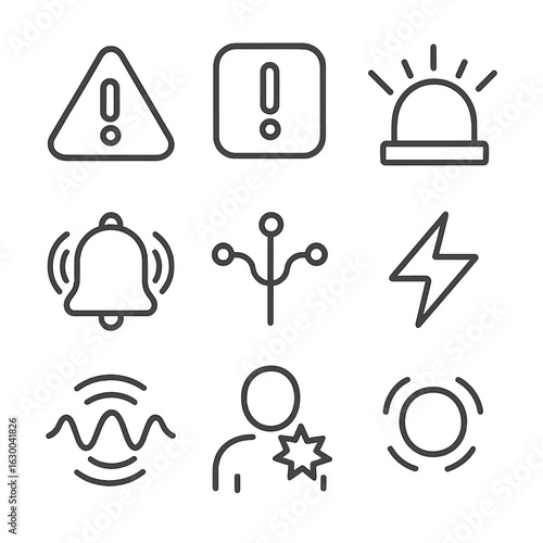 Pain Signal Icons. Outline icon set of pain signals and reactions: warning sign, red alert, exclamation mark, siren, alert bell,