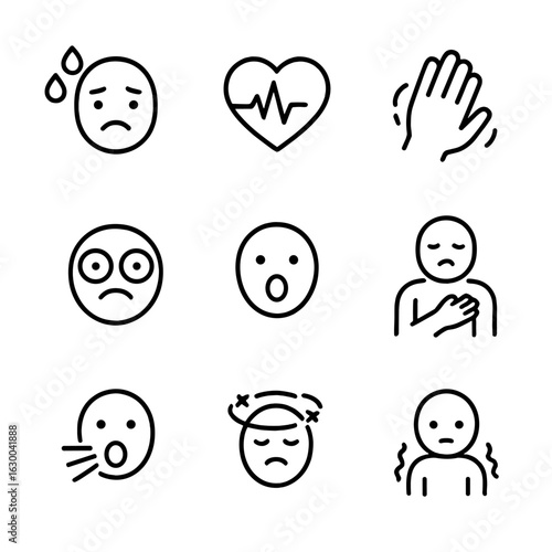 Panic Symptoms Icons. Outline icon set of panic symptoms: sweating, rapid heartbeat, shaking hands, wide eyes, open mouth, chest