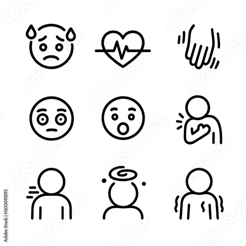 Panic Symptoms Icons. Outline icon set of panic symptoms: sweating, rapid heartbeat, shaking hands, wide eyes, open mouth, chest