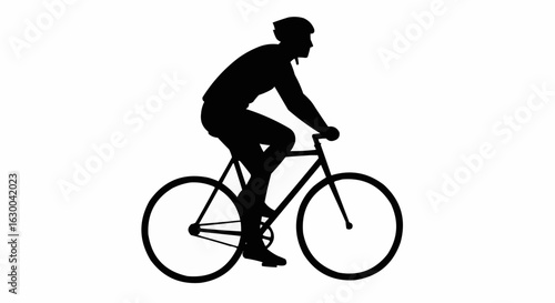 Silhouette of a cyclist wearing a helmet riding a bicycle in a side view on a white background image