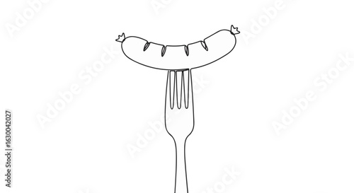 Continuous line drawing of German sausage on fork in minimalist style