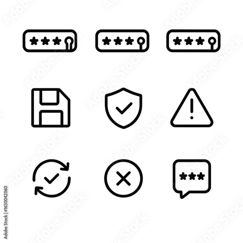 Password Change Icons. Outline icon set of password change process: old password, new password, confirm password, save button,