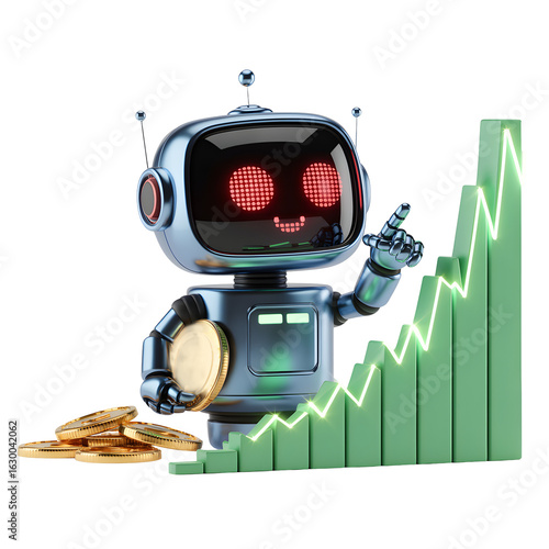 Wallpaper Mural Friendly robot with gold coins points to upward financial growth chart symbolizing investment success and gains Torontodigital.ca