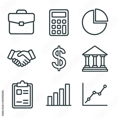 Financial Advisors Icons. Outline icon set of financial advisors helping clients with investments: briefcase,