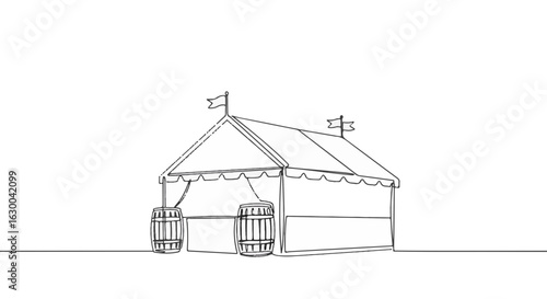 Continuous line drawing of traditional German beer tent in minimalist style