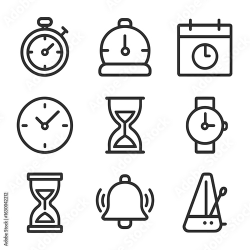 Patience Tools Icons. Outline icon set of patience tools: stopwatch, timer, calendar, clock face, hourglass, watch, sand timer,