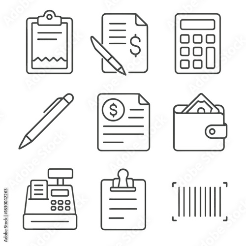 Financial Icons Grid. Outline icon set of financial record keeping: receipt holder, invoice, calculator, pen,