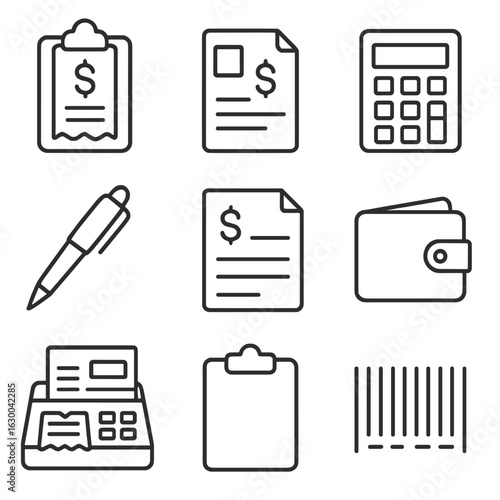 Financial Icons Grid. Outline icon set of financial record keeping: receipt holder, invoice, calculator, pen,