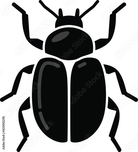 Illustration of a black beetle with six legs and antennae representing nature and insect life