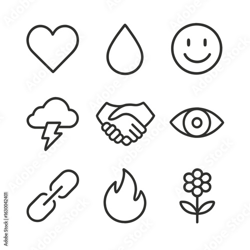 Emotion Icons Set. Outline icon set of origin of emotions: heart, tear drop, smile, thunder cloud, flame, hands shaking, eye,