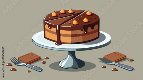 A chocolate cake with a slice missing on a cake stand with a fork and knife and chocolate squares