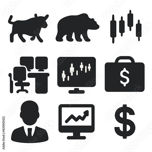 Financial Market Icons. Solid, filled icons set of financial markets: bull, bear, candlestick chart, trading