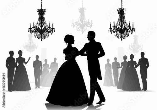 Silhouette of a couple dancing at a ball with chandeliers and other guests in the background in black and white