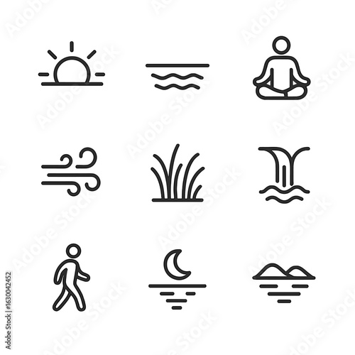 Peaceful Moments Icons. Outline icon set of peaceful moments: early sunrise, ocean horizon, person meditating, soft wind, field of