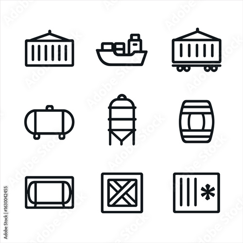 Container Icon Set. Outline icon set of container storage: shipping container, cargo ship, intermodal container, storage tank,