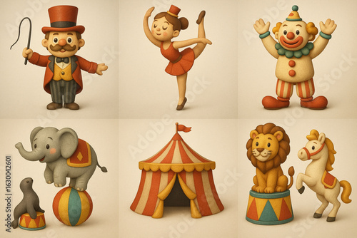 Vintage Circus Icons Set – Simple 3D Cartoon Style with Retro Big Top Charm