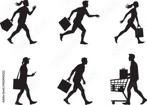 People silhouettes in motion carrying bags, shopping, running, and moving