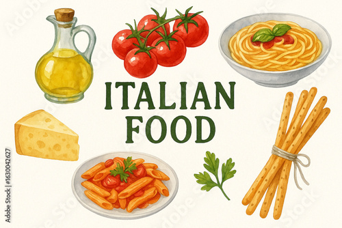 Watercolor Italian Food Illustration Set – Hand-Painted Pasta, Tomatoes & Olive Oil for Menu Design