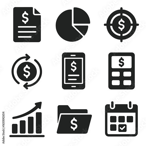 Financial Planning Icons. Solid, filled icons set of financial planning for businesses: budget document, pie