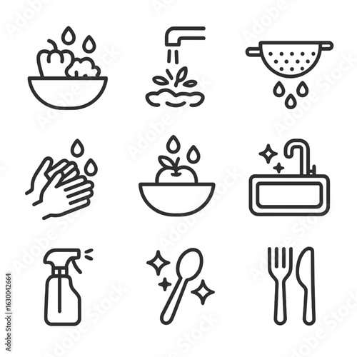 Cooking Rinse Icons. Outline icon set of rinse in cooking: vegetable rinse, running water, colander, dripping droplets, clean