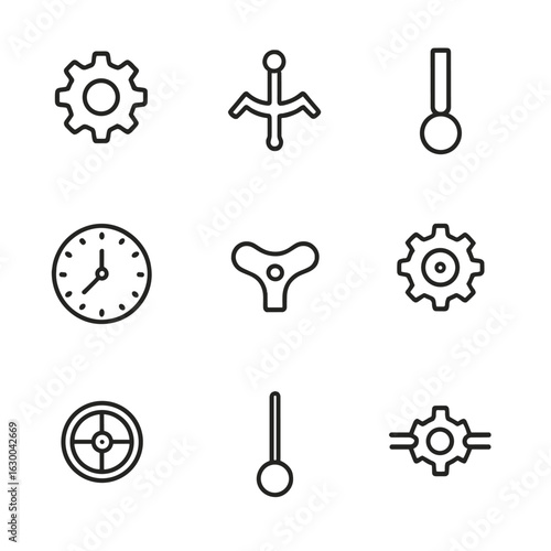 Pendulum Clock Icon Set. Outline icon set of pendulum in clock mechanics: gear wheels, escapement lever, pendulum suspension,
