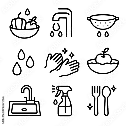 Cooking Rinse Icons. Outline icon set of rinse in cooking: vegetable rinse, running water, colander, dripping droplets, clean