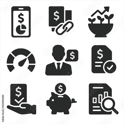 Financial Tools Icons. Solid, filled icons set of financial recovery tools: budgeting app, debt consolidation,