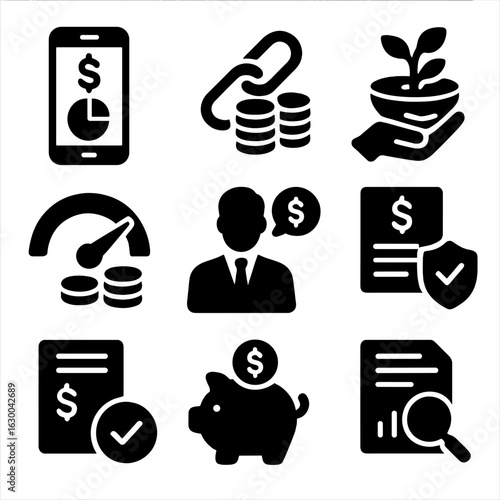 Financial Tools Icons. Solid, filled icons set of financial recovery tools: budgeting app, debt consolidation,