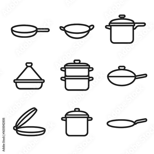 Cookware Icon Set. Outline icon set of stovetop cookware: skillet, wok, pressure cooker, tagine, double boiler, omelette pan,