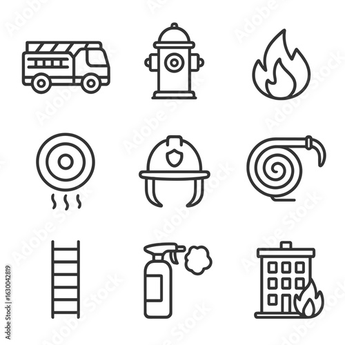 Fire Emergency Icons. Outline icon set of fire emergencies in cities: fire truck, hydrant, flame, smoke alarm,