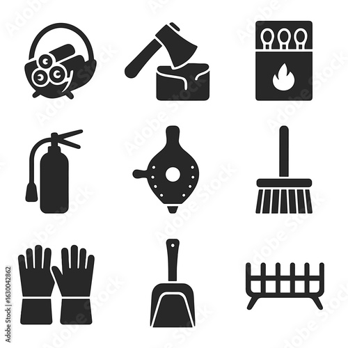 Fireplace Essentials Icons. Solid, filled icons set of fireplace essentials: log holder, firewood axe, matches