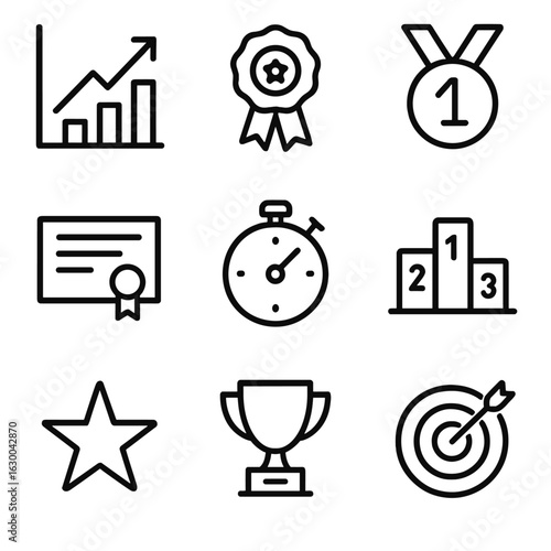 Performance and Character Icons. Outline icon set of performance records: chart with upward trend, award ribbon, medal,