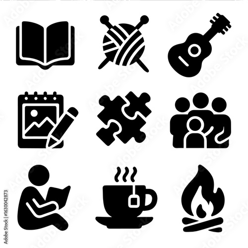Fireside Activity Icons. Solid, filled icons set of fireside activities: book reading, knitting yarn, guitar