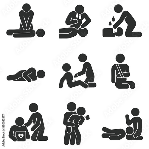 First Aid Icon Set. Solid, filled icons set of lifesaving first aid actions: CPR compressions, rescue breaths,