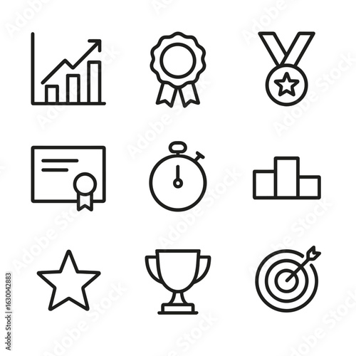 Performance Icons Grid. Outline icon set of performance records: chart with upward trend, award ribbon, medal, certificate,