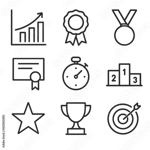 Performance Icons Grid. Outline icon set of performance records: chart with upward trend, award ribbon, medal, certificate,