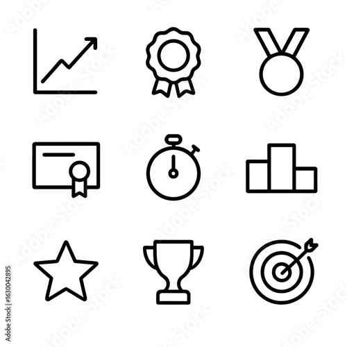 Performance and Character Icons. Outline icon set of performance records: chart with upward trend, award ribbon, medal,
